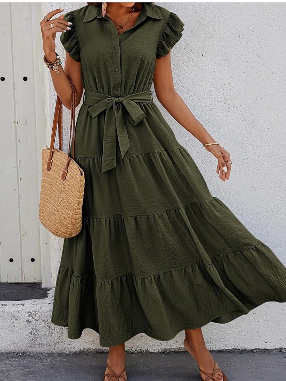 Women's XLOlive Green Tiered Tie-Waist Maxi Dress